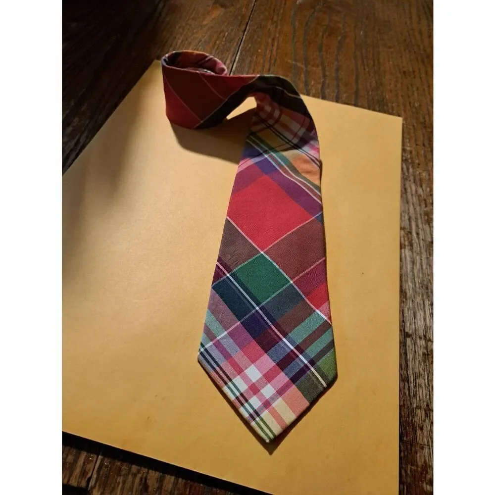 Polo Ralph Lauren Blue Tag Plaid Mens Tie 100% Cotton Handmade in Italy 3”